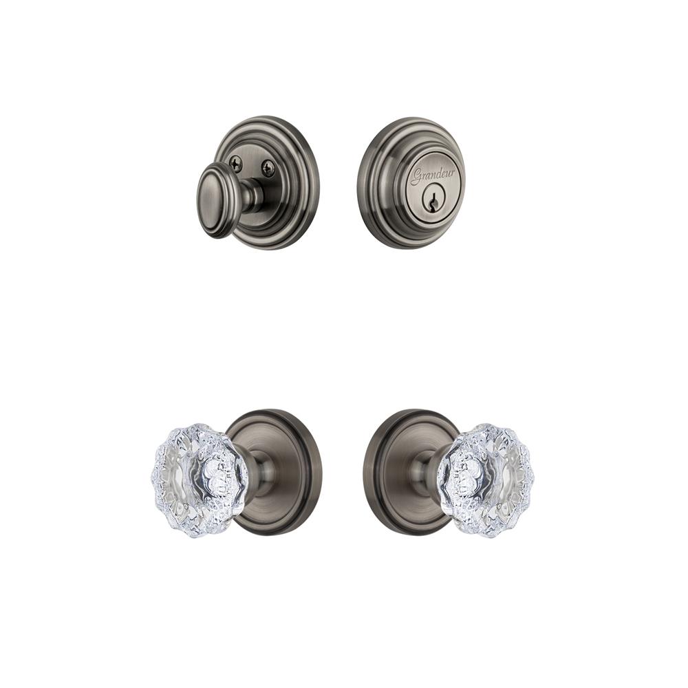 Grandeur by Nostalgic Warehouse GEOFON Georgetown Rosette with Fontainebleau Crystal Knob and matching Deadbolt in Antique Pewter