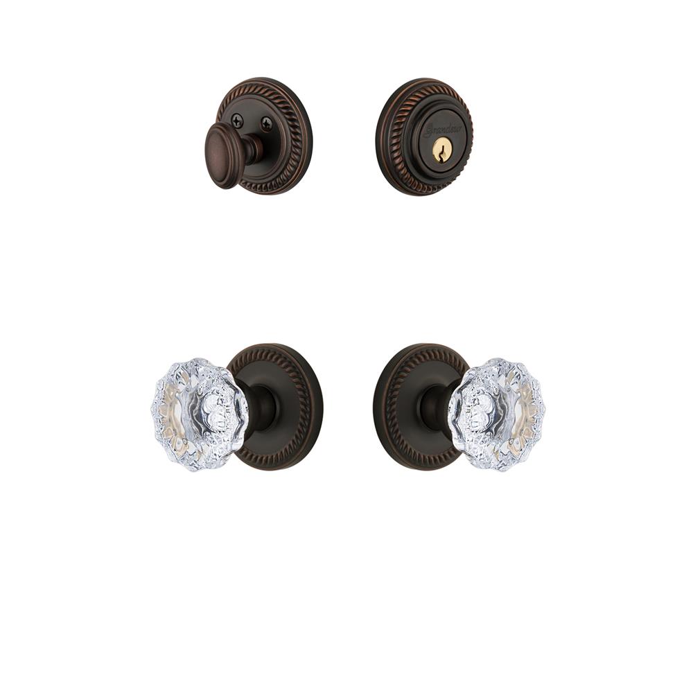 Grandeur by Nostalgic Warehouse NEWFON Newport Rosette with Fontainebleau Crystal Knob and matching Deadbolt in Timeless Bronze