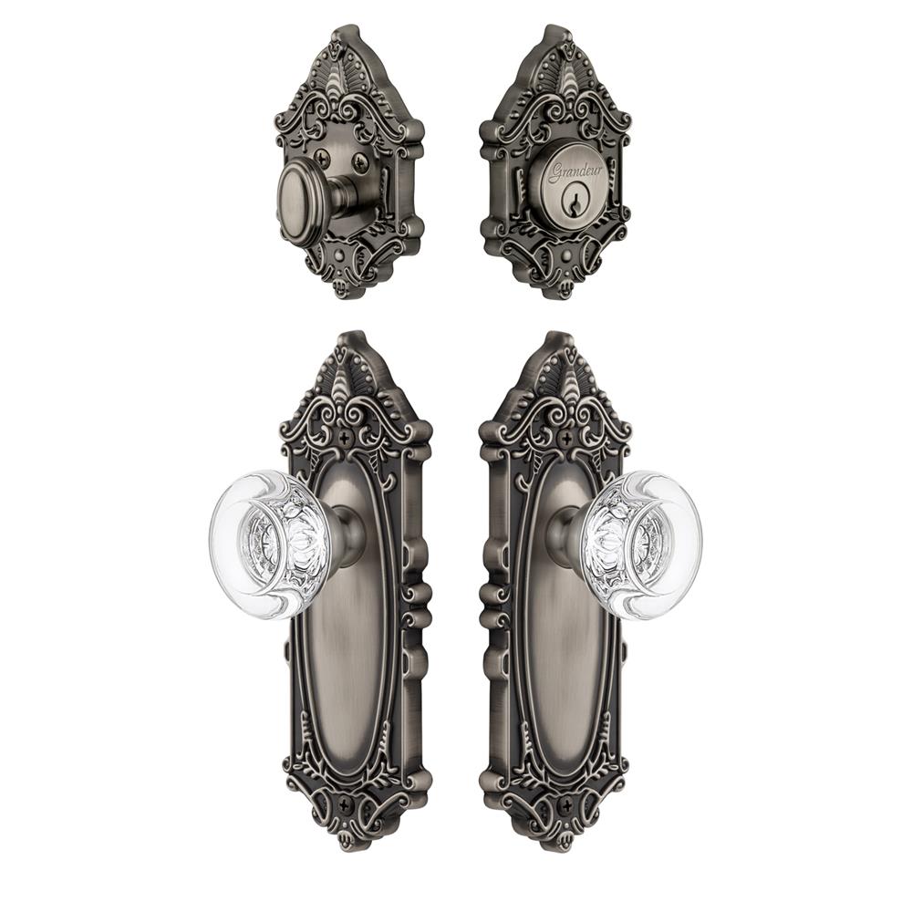 Grandeur by Nostalgic Warehouse GVCBOR Grande Vic Plate with Bordeaux Crystal Knob and matching Deadbolt in Antique Pewter