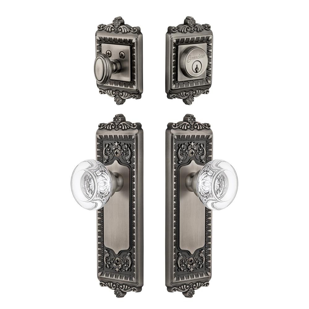 Grandeur by Nostalgic Warehouse WINBOR Windsor Plate with Bordeaux Crystal Knob and matching Deadbolt in Antique Pewter