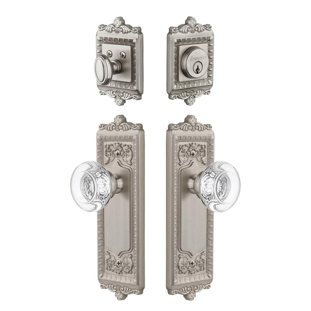 Grandeur by Nostalgic Warehouse WINBOR Windsor Plate with Bordeaux Crystal Knob and matching Deadbolt in Satin Nickel
