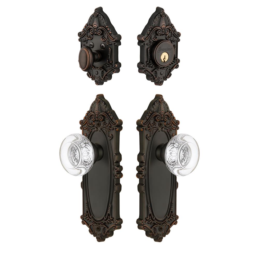 Grandeur by Nostalgic Warehouse GVCBOR Grande Vic Plate with Bordeaux Crystal Knob and matching Deadbolt in Timeless Bronze