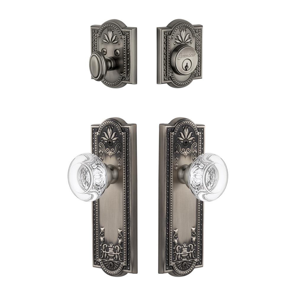 Grandeur by Nostalgic Warehouse PARBOR Parthenon Plate with Bordeaux Crystal Knob and matching Deadbolt in Antique Pewter
