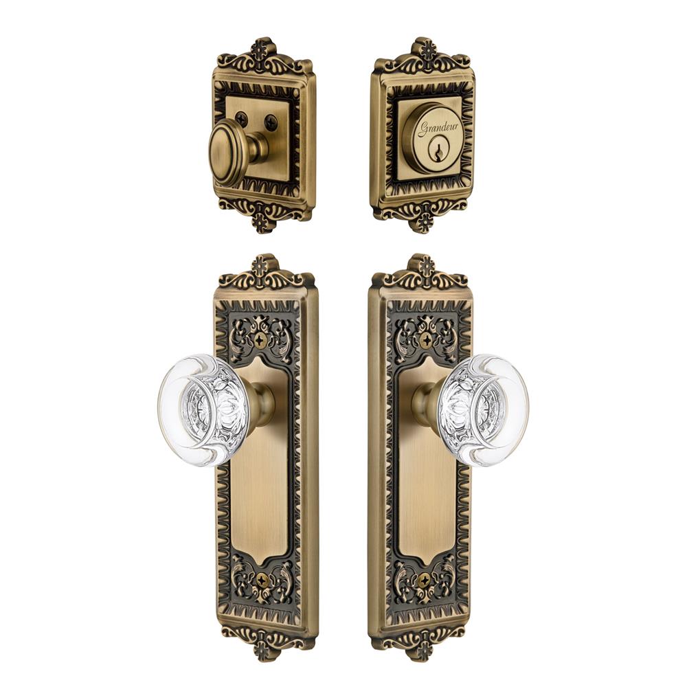 Grandeur by Nostalgic Warehouse WINBOR Windsor Plate with Bordeaux Crystal Knob and matching Deadbolt in Vintage Brass