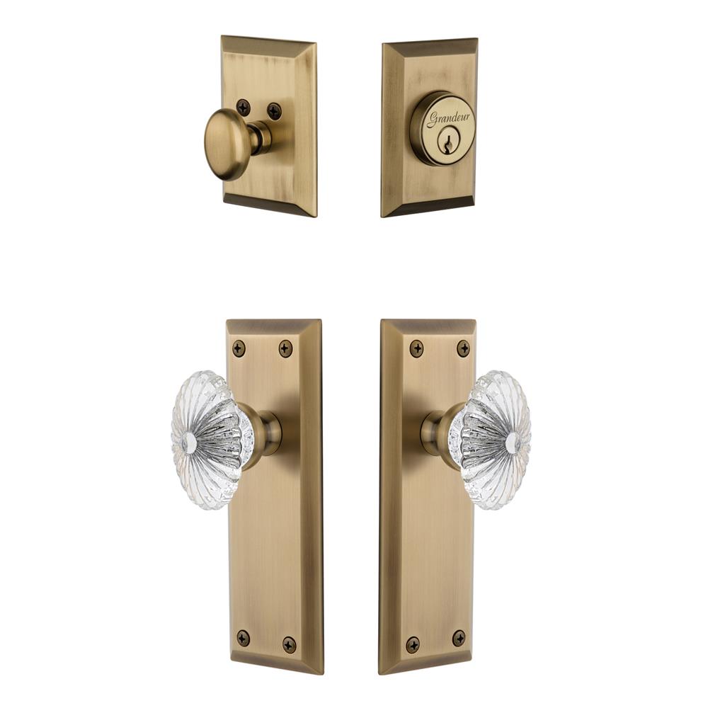 Grandeur by Nostalgic Warehouse FAVBUR Fifth Avenue Plate with Burgundy Crystal Knob and matching Deadbolt in Vintage Brass
