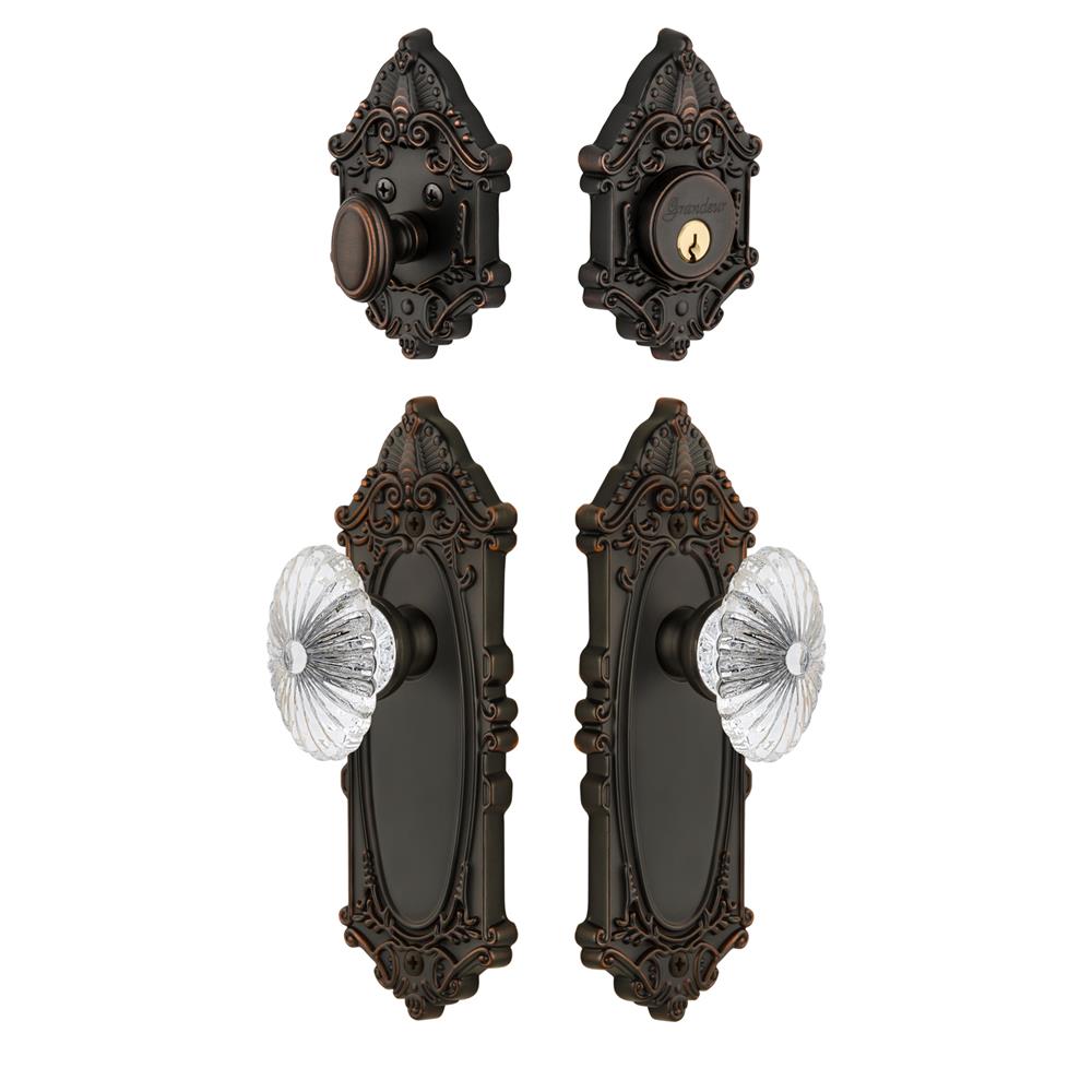 Grandeur by Nostalgic Warehouse GVCBUR Grande Vic Plate with Burgundy Crystal Knob and matching Deadbolt in Timeless Bronze