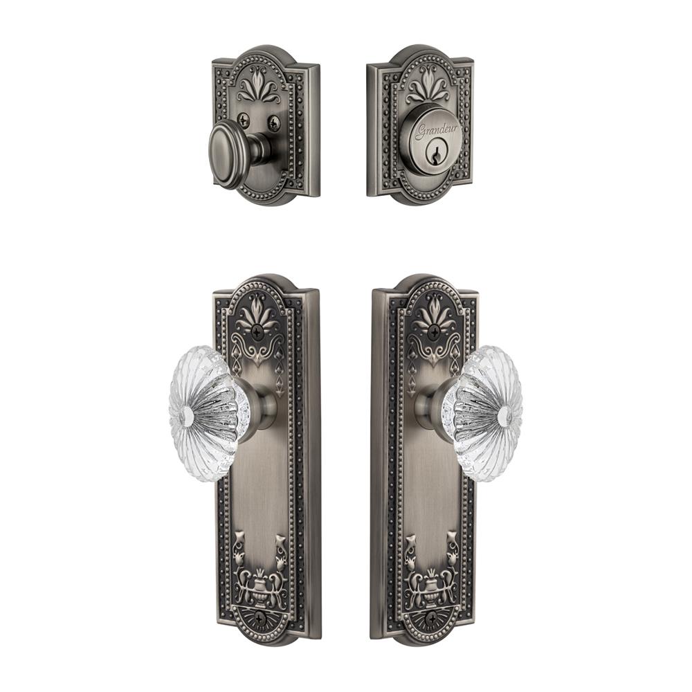 Grandeur by Nostalgic Warehouse PARBUR Parthenon Plate with Burgundy Crystal Knob and matching Deadbolt in Antique Pewter