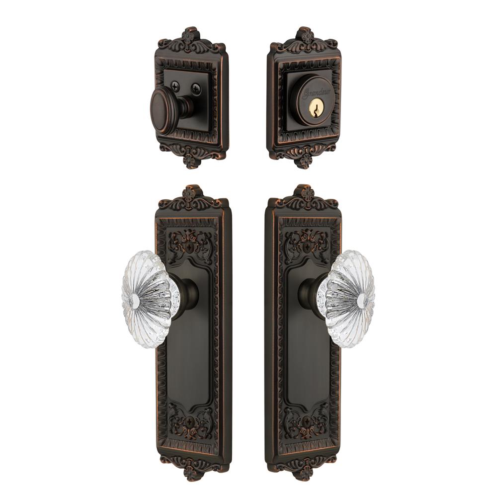 Grandeur by Nostalgic Warehouse WINBUR Windsor Plate with Burgundy Crystal Knob and matching Deadbolt in Timeless Bronze