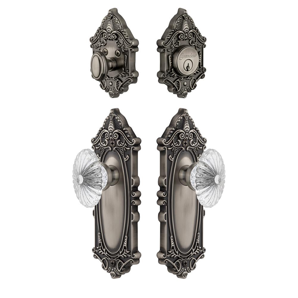 Grandeur by Nostalgic Warehouse GVCBUR Grande Vic Plate with Burgundy Crystal Knob and matching Deadbolt in Antique Pewter