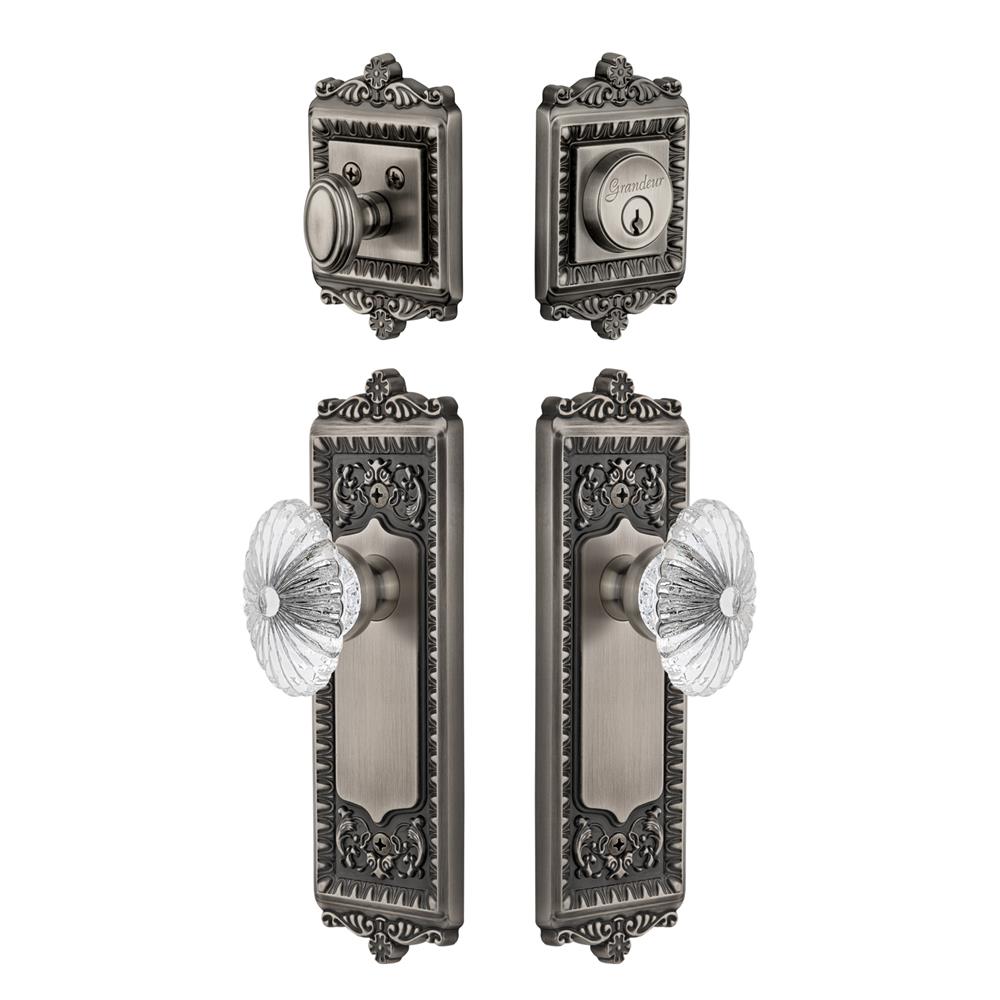 Grandeur by Nostalgic Warehouse WINBUR Windsor Plate with Burgundy Crystal Knob and matching Deadbolt in Antique Pewter
