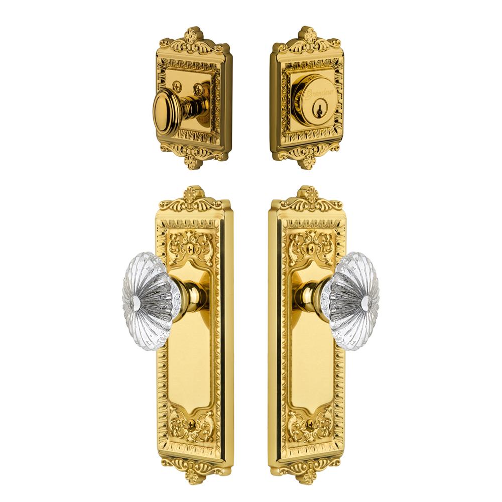Grandeur by Nostalgic Warehouse WINBUR Windsor Plate with Burgundy Crystal Knob and matching Deadbolt in Lifetime Brass