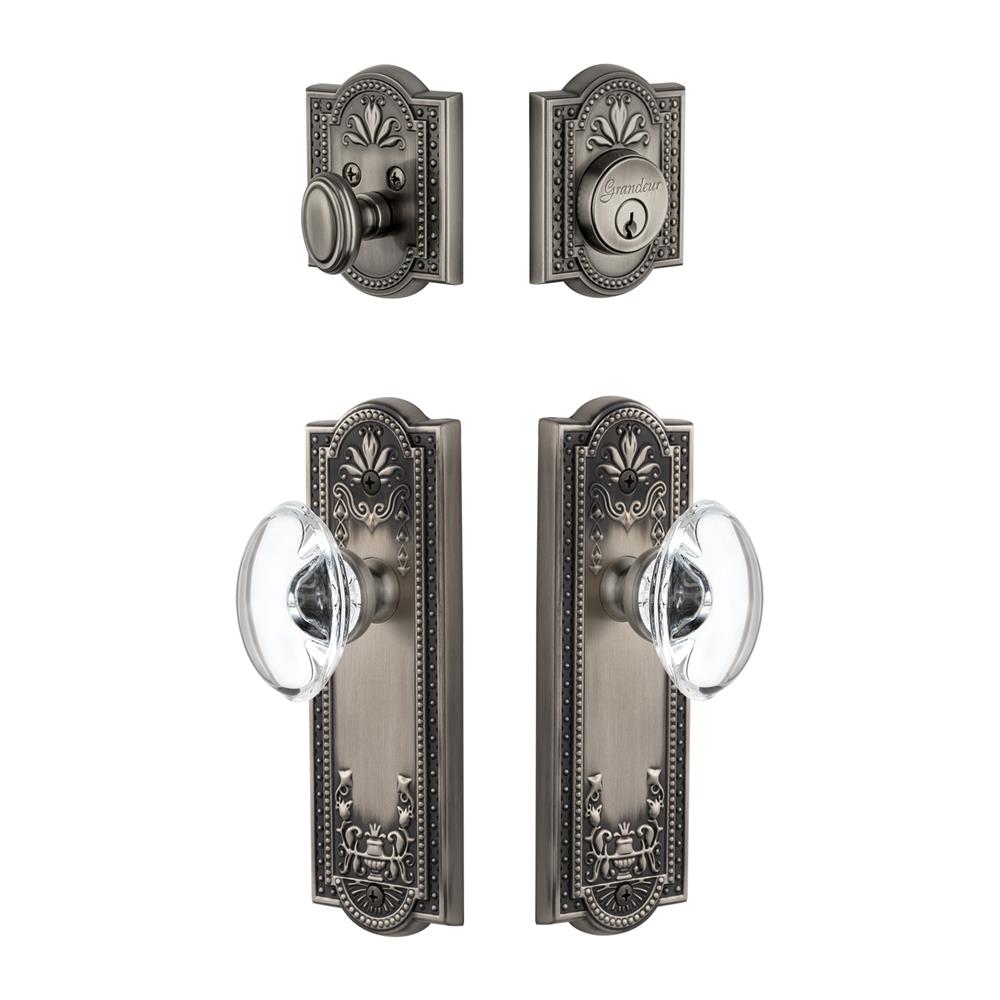Grandeur by Nostalgic Warehouse PARPRO Parthenon Plate with Provence Crystal Knob and matching Deadbolt in Antique Pewter