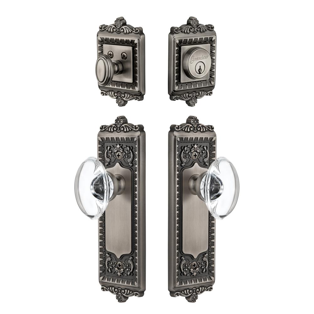 Grandeur by Nostalgic Warehouse WINPRO Windsor Plate with Provence Crystal Knob and matching Deadbolt in Antique Pewter