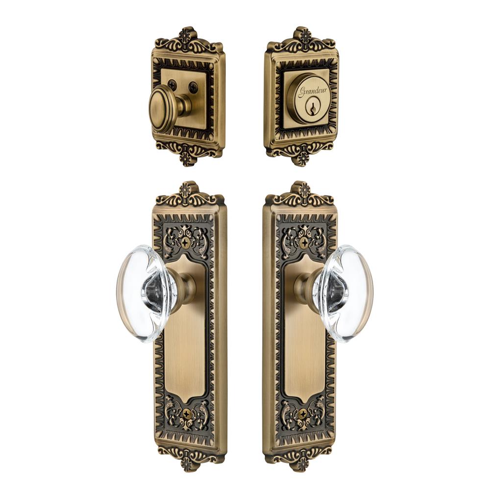 Grandeur by Nostalgic Warehouse WINPRO Windsor Plate with Provence Crystal Knob and matching Deadbolt in Vintage Brass