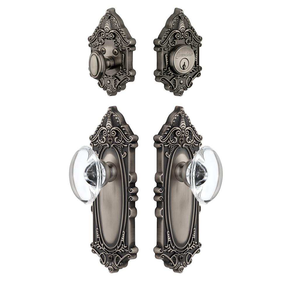Grandeur by Nostalgic Warehouse GVCPRO Grande Vic Plate with Provence Crystal Knob and matching Deadbolt in Antique Pewter