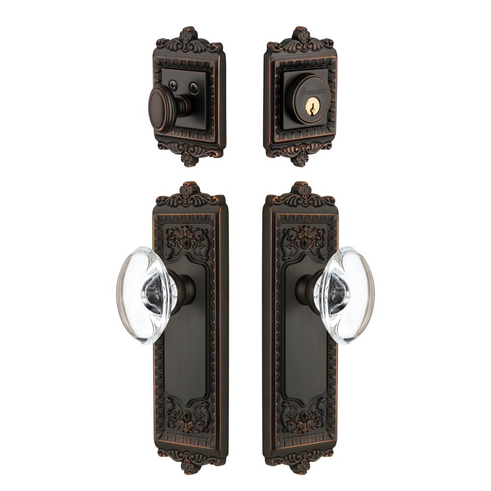 Grandeur by Nostalgic Warehouse WINPRO Windsor Plate with Provence Crystal Knob and matching Deadbolt in Timeless Bronze