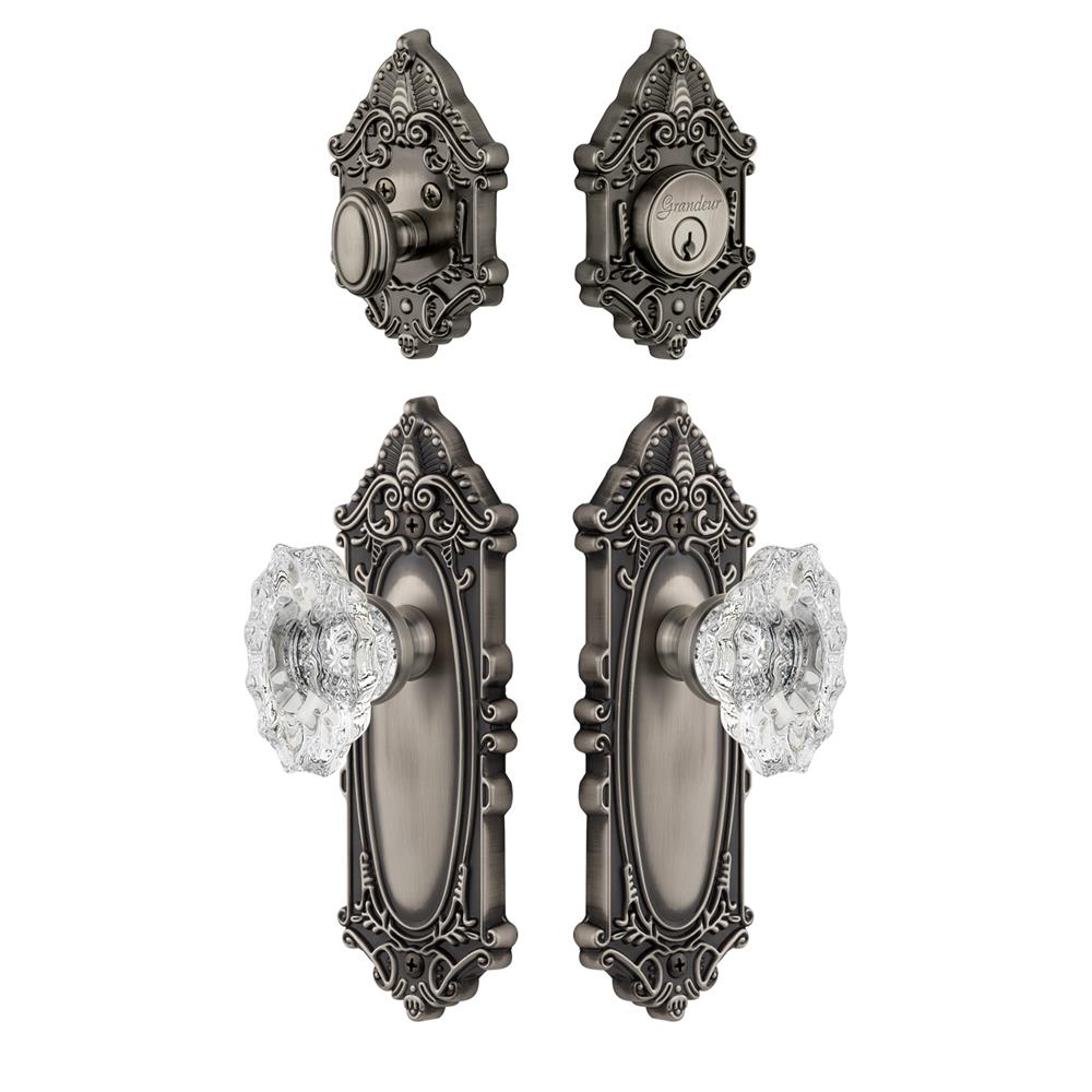 Grandeur by Nostalgic Warehouse GVCBIA Grande Vic Plate with Biarritz Crystal Knob and matching Deadbolt in Antique Pewter