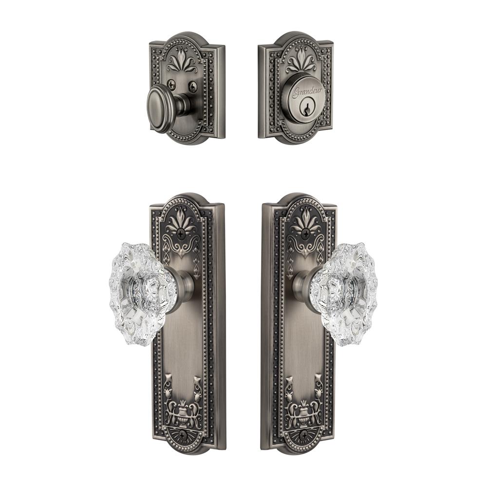Grandeur by Nostalgic Warehouse PARBIA Parthenon Plate with Biarritz Crystal Knob and matching Deadbolt in Antique Pewter