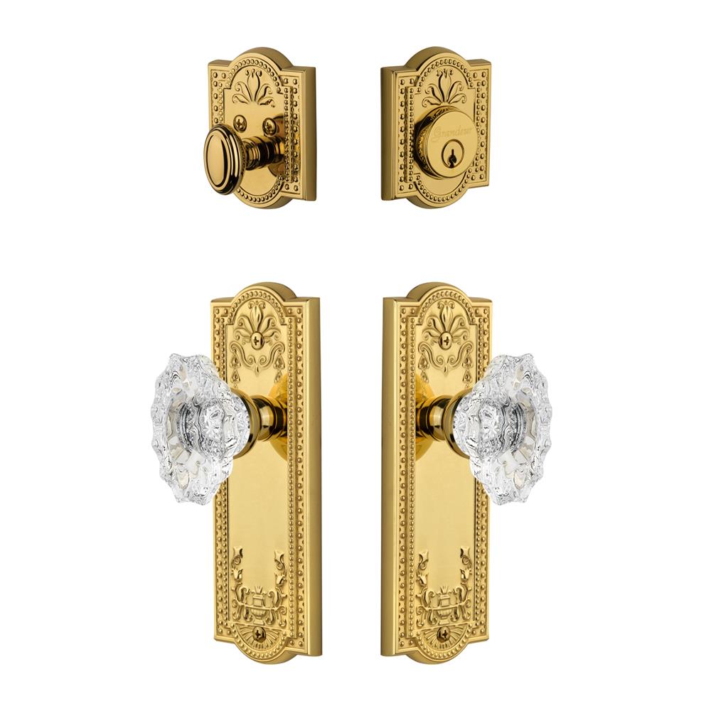 Grandeur by Nostalgic Warehouse PARBIA Parthenon Plate with Biarritz Crystal Knob and matching Deadbolt in Lifetime Brass