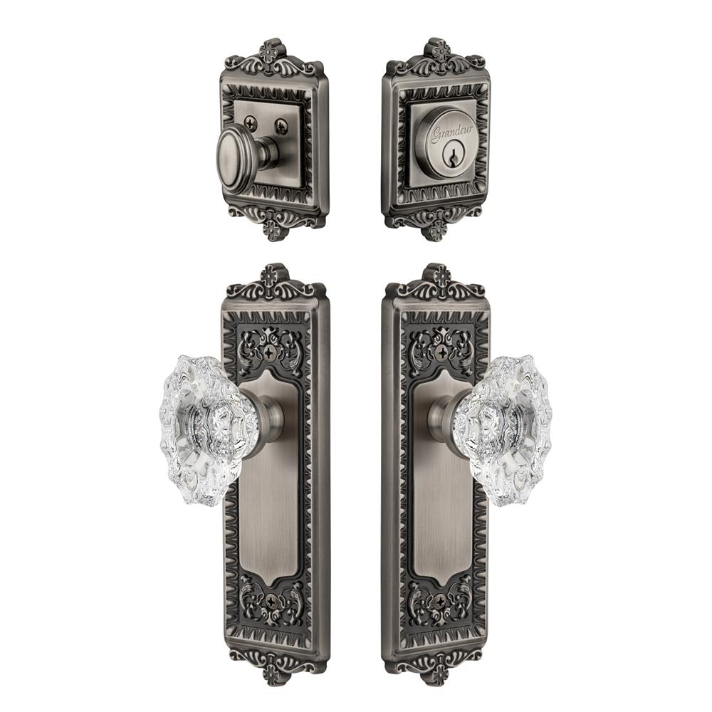Grandeur by Nostalgic Warehouse WINBIA Windsor Plate with Biarritz Crystal Knob and matching Deadbolt in Antique Pewter