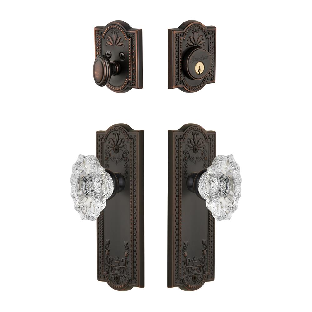 Grandeur by Nostalgic Warehouse PARBIA Parthenon Plate with Biarritz Crystal Knob and matching Deadbolt in Timeless Bronze