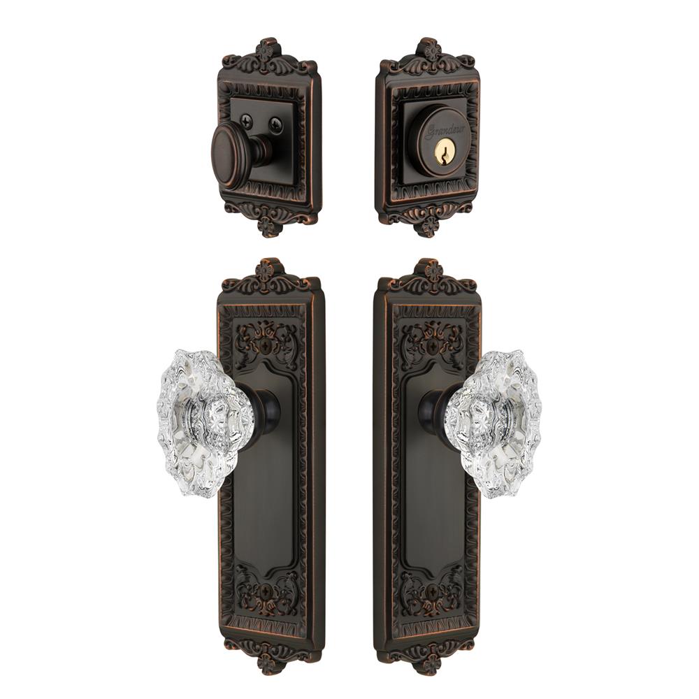 Grandeur by Nostalgic Warehouse WINBIA Windsor Plate with Biarritz Crystal Knob and matching Deadbolt in Timeless Bronze