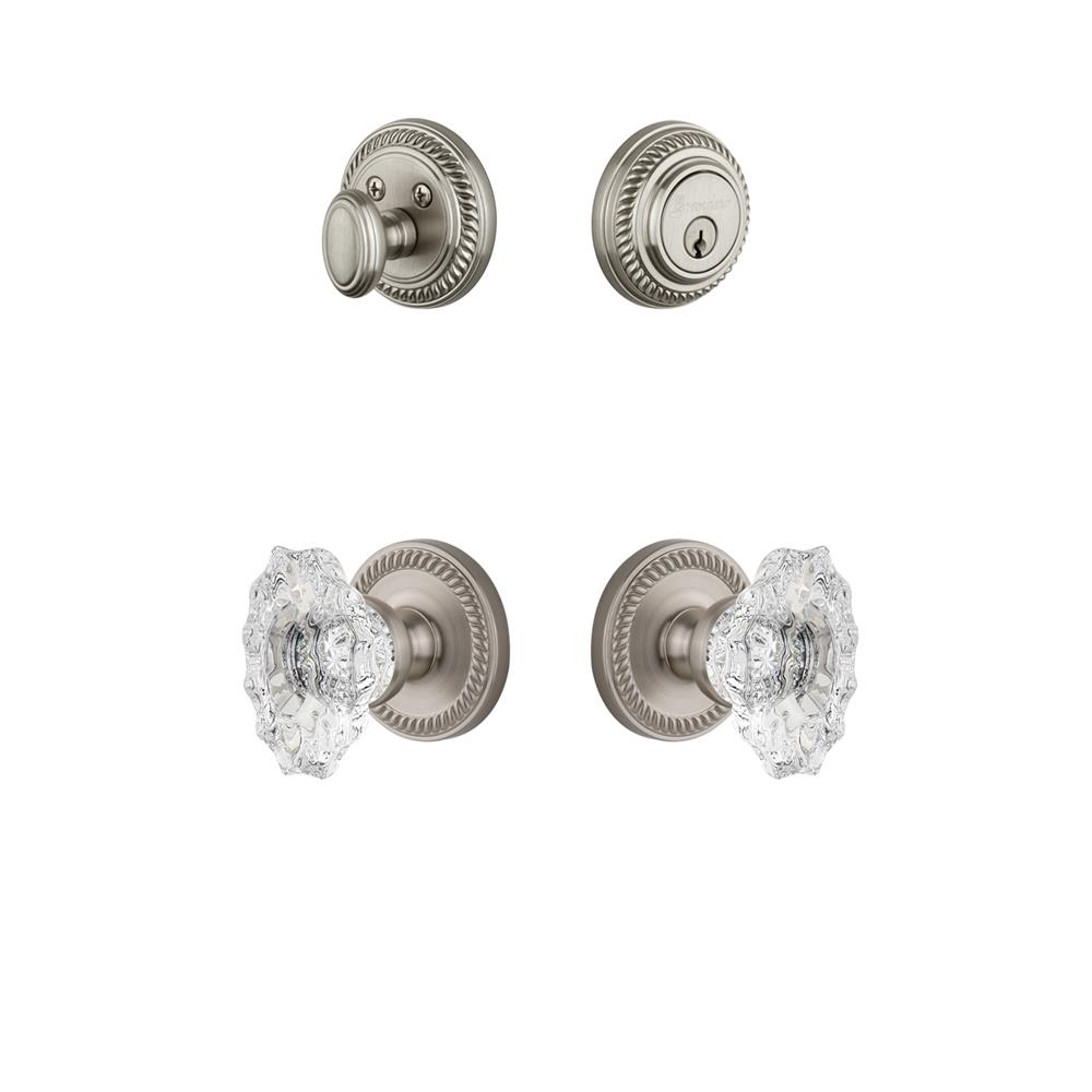 Grandeur by Nostalgic Warehouse NEWBIA Newport Rosette with Biarritz Crystal Knob and matching Deadbolt in Satin Nickel