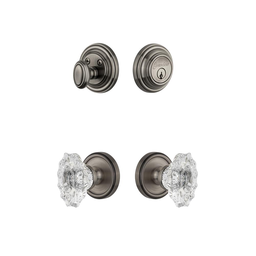Grandeur by Nostalgic Warehouse GEOBIA Georgetown Rosette with Biarritz Crystal Knob and matching Deadbolt in Antique Pewter