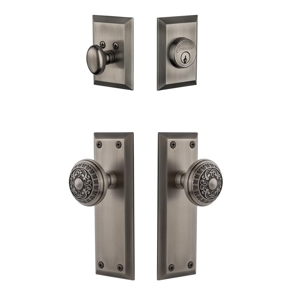 Grandeur by Nostalgic Warehouse FAVWIN Fifth Avenue Plate with Windsor Knob and matching Deadbolt in Antique Pewter