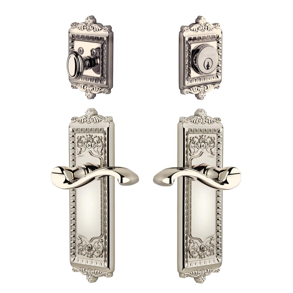 Grandeur by Nostalgic Warehouse WINPRT Windsor Plate with Portfino Lever and matching Deadbolt in Polished Nickel
