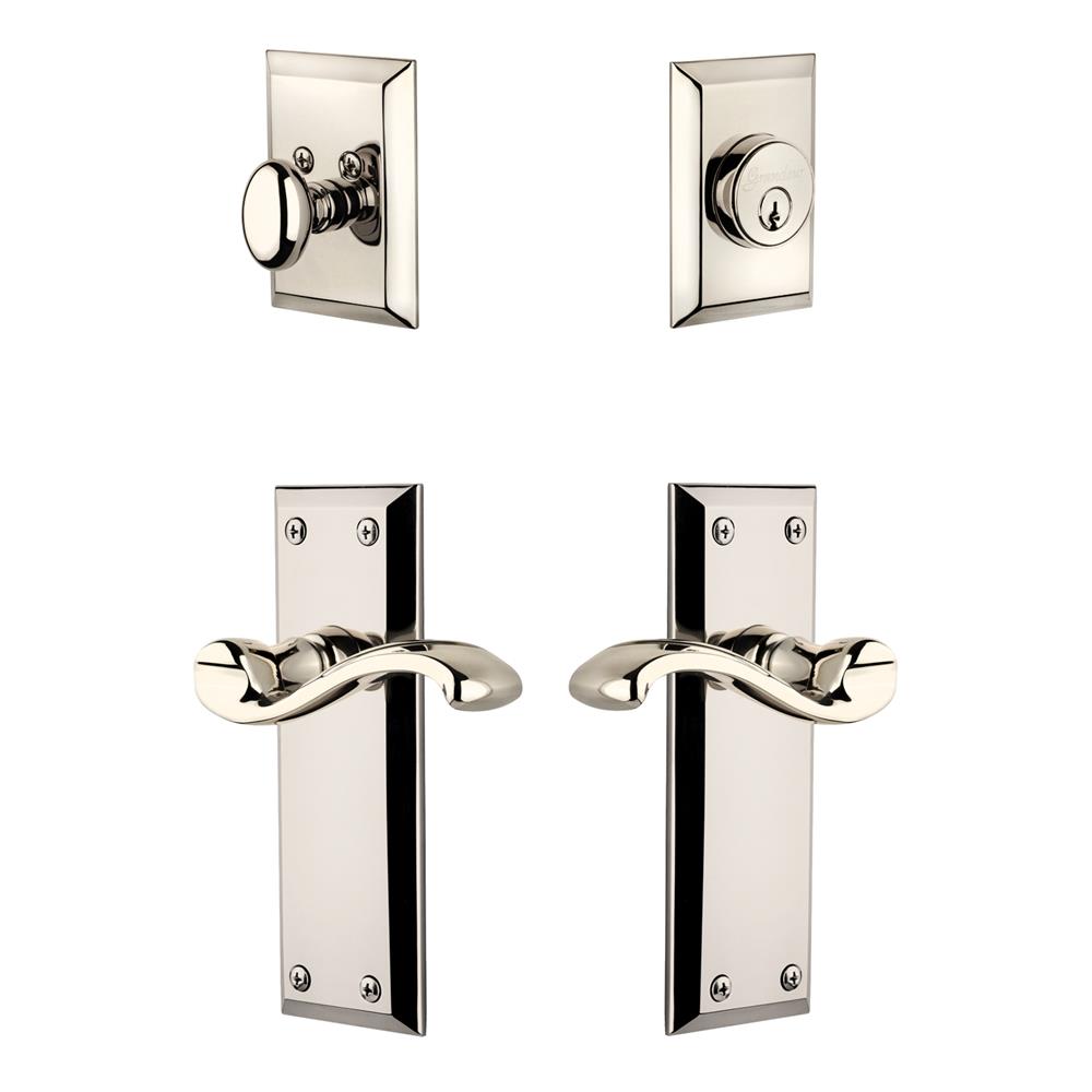 Grandeur by Nostalgic Warehouse FAVPRT Fifth Avenue Plate with Portfino Lever and matching Deadbolt in Polished Nickel