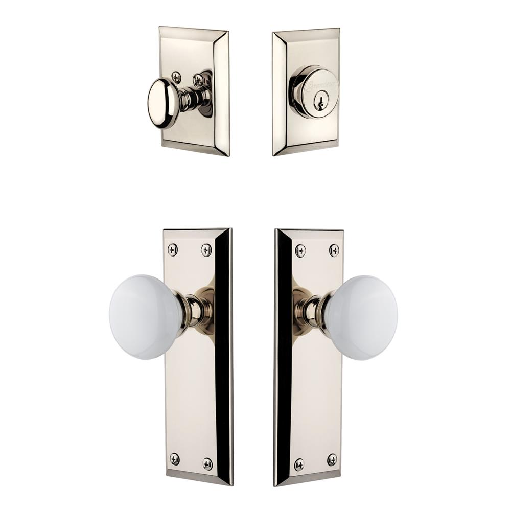 Grandeur by Nostalgic Warehouse FAVHYD Fifth Avenue Plate with Hyde Park Porcelain Knob and matching Deadbolt in Polished Nickel