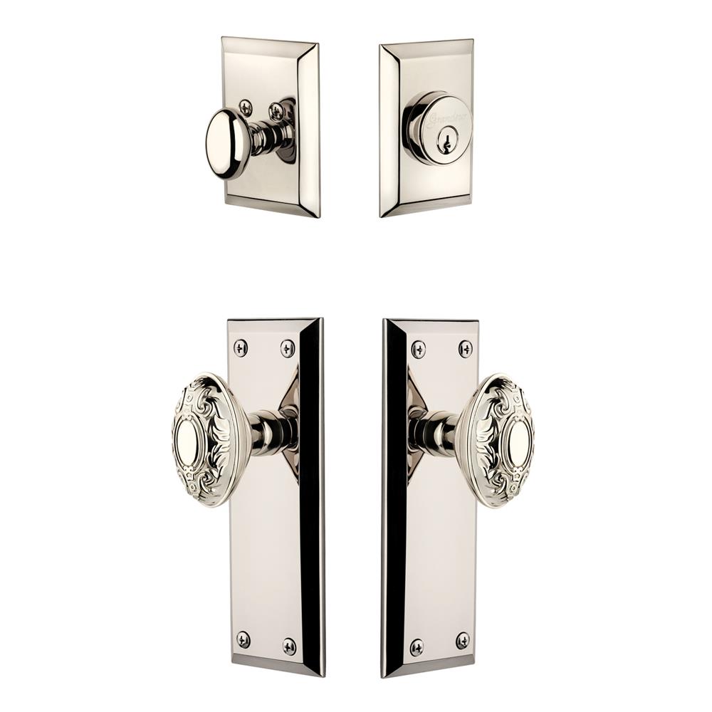 Grandeur by Nostalgic Warehouse FAVGVC Fifth Avenue Plate with Grande Victorian Knob and matching Deadbolt in Polished Nickel