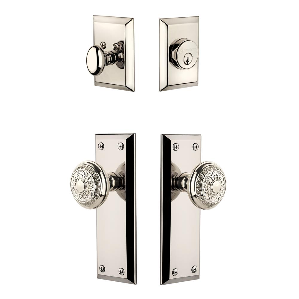 Grandeur by Nostalgic Warehouse FAVWIN Fifth Avenue Plate with Windsor Knob and matching Deadbolt in Polished Nickel