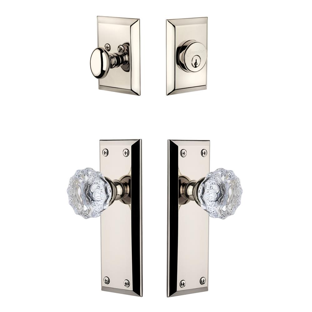 Grandeur by Nostalgic Warehouse FAVFON Fifth Avenue Plate with Fontainebleau Crystal Knob and matching Deadbolt in Polished Nickel