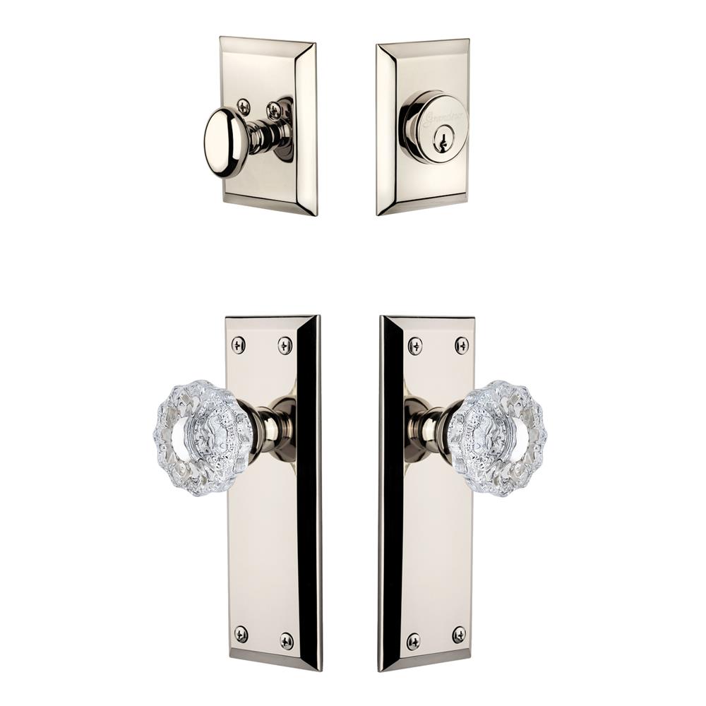Grandeur by Nostalgic Warehouse FAVVER Fifth Avenue Plate with Versailles Crystal Knob and matching Deadbolt in Polished Nickel