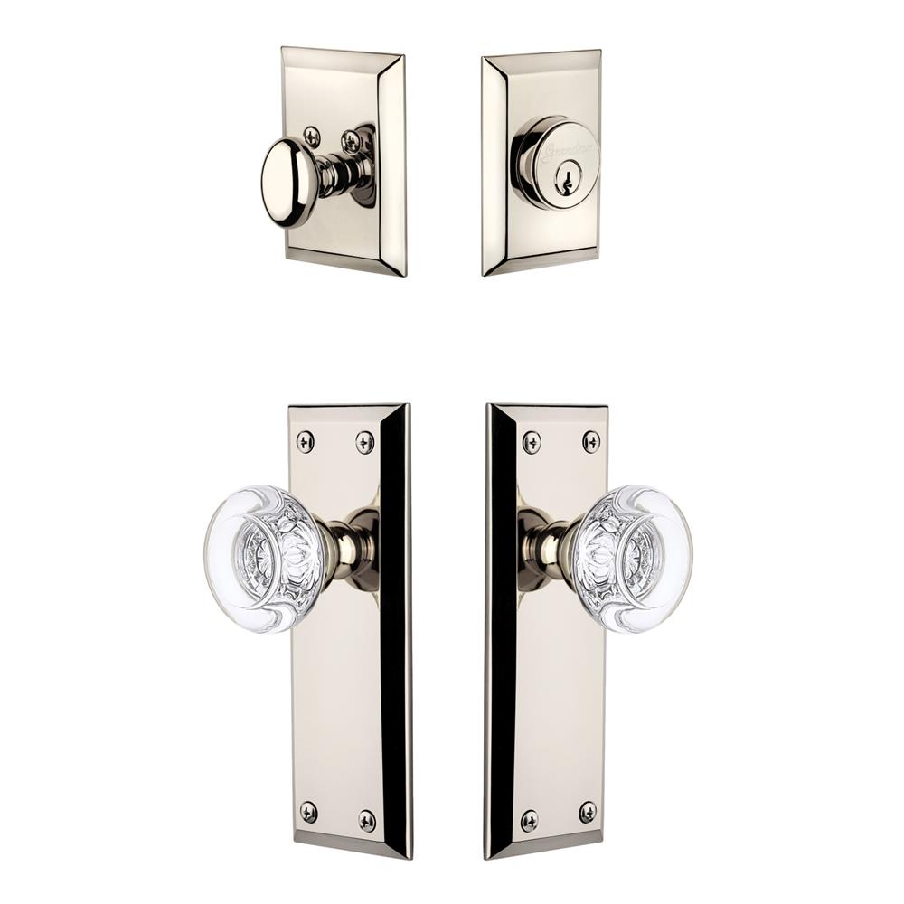 Grandeur by Nostalgic Warehouse FAVBOR Fifth Avenue Plate with Bordeaux Crystal Knob and matching Deadbolt in Polished Nickel