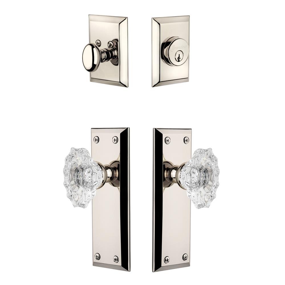 Grandeur by Nostalgic Warehouse FAVBIA Fifth Avenue Plate with Biarritz Crystal Knob and matching Deadbolt in Polished Nickel