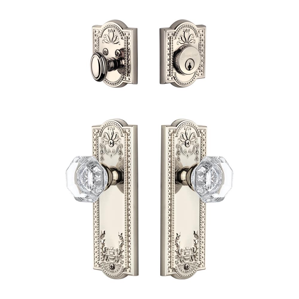 Grandeur by Nostalgic Warehouse PARCHM Parthenon Plate with Chambord Crystal Knob and matching Deadbolt in Polished Nickel