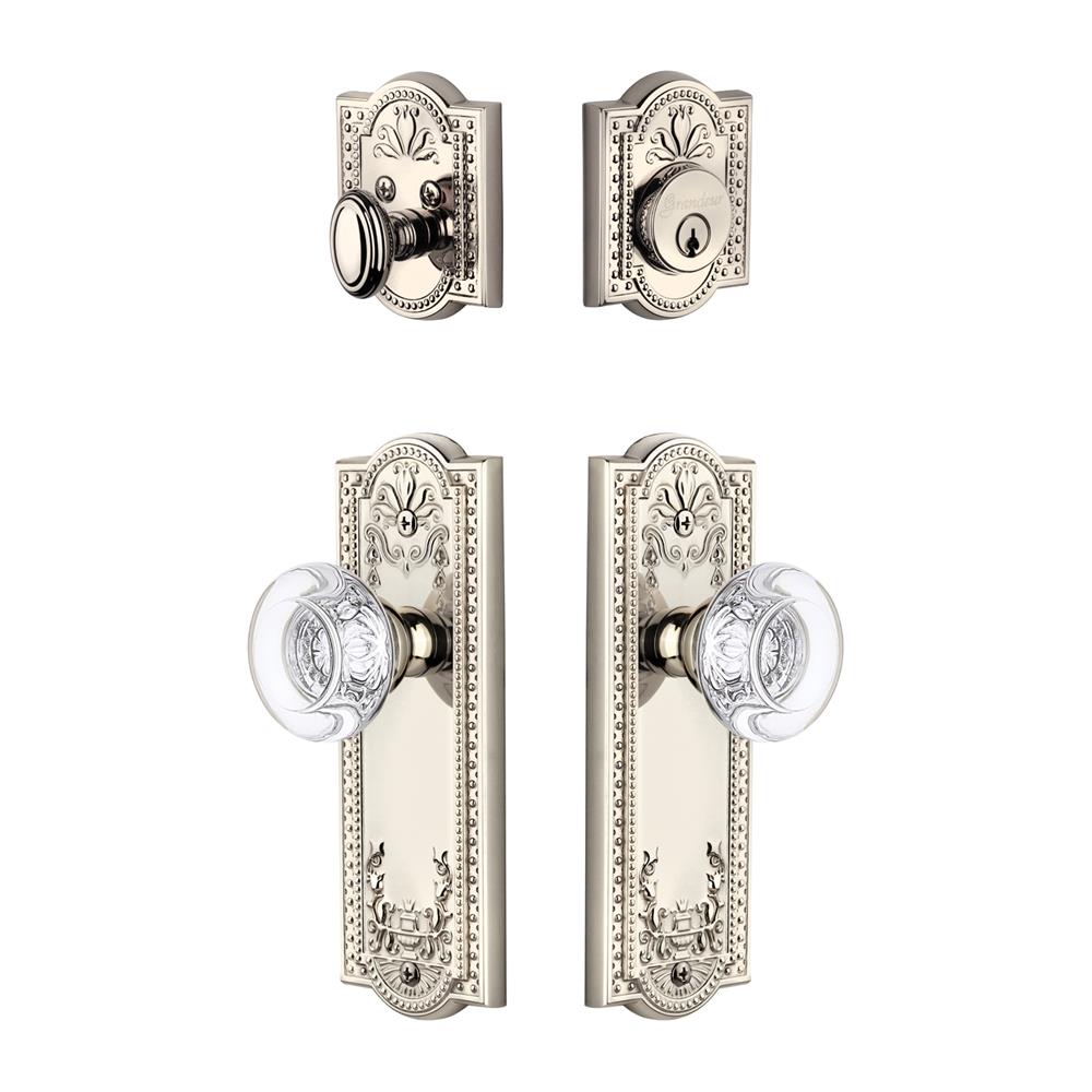Grandeur by Nostalgic Warehouse PARBOR Parthenon Plate with Bordeaux Crystal Knob and matching Deadbolt in Polished Nickel