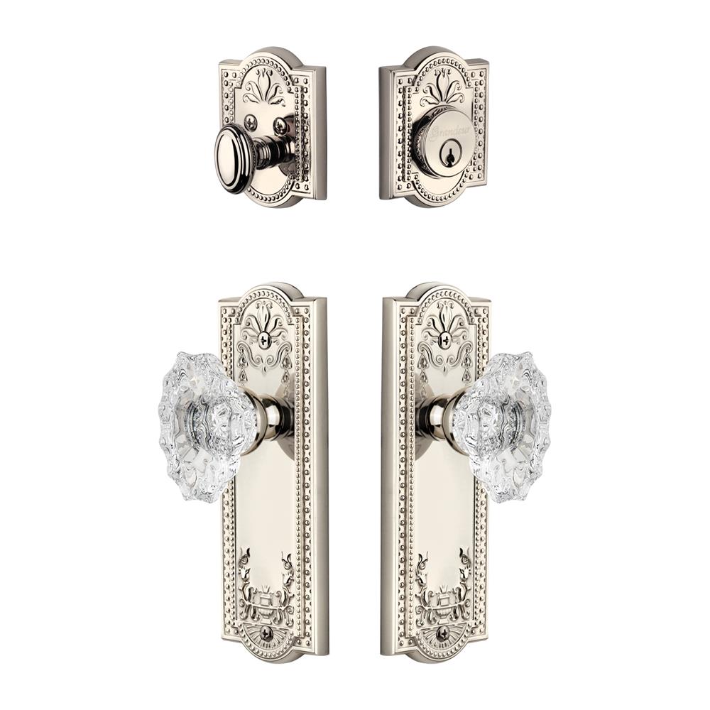 Grandeur by Nostalgic Warehouse PARBIA Parthenon Plate with Biarritz Crystal Knob and matching Deadbolt in Polished Nickel