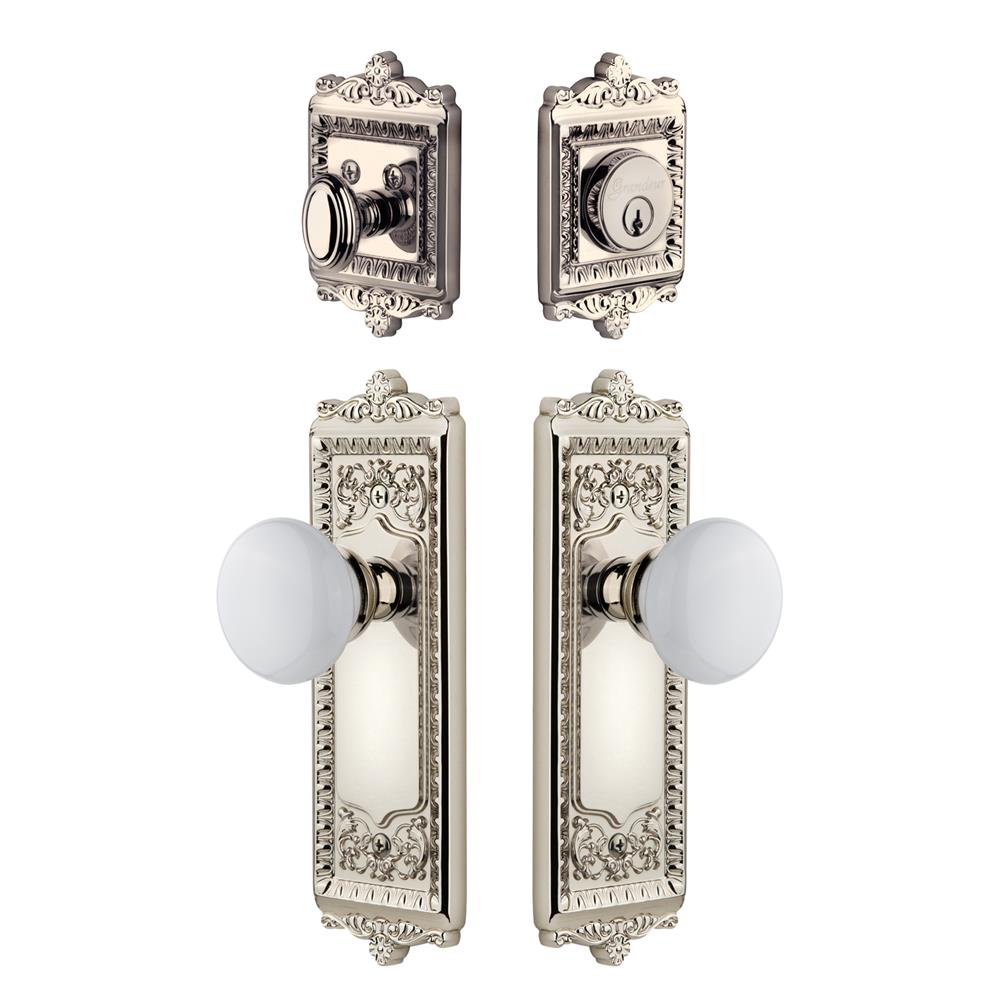Grandeur by Nostalgic Warehouse WINHYD Windsor Plate with Hyde Park Porcelain Knob and matching Deadbolt in Polished Nickel