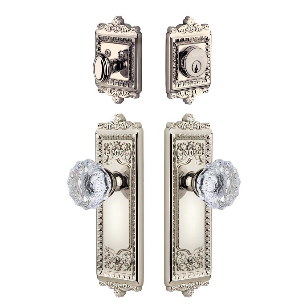Grandeur by Nostalgic Warehouse WINFON Windsor Plate with Fontainebleau Crystal Knob and matching Deadbolt in Polished Nickel