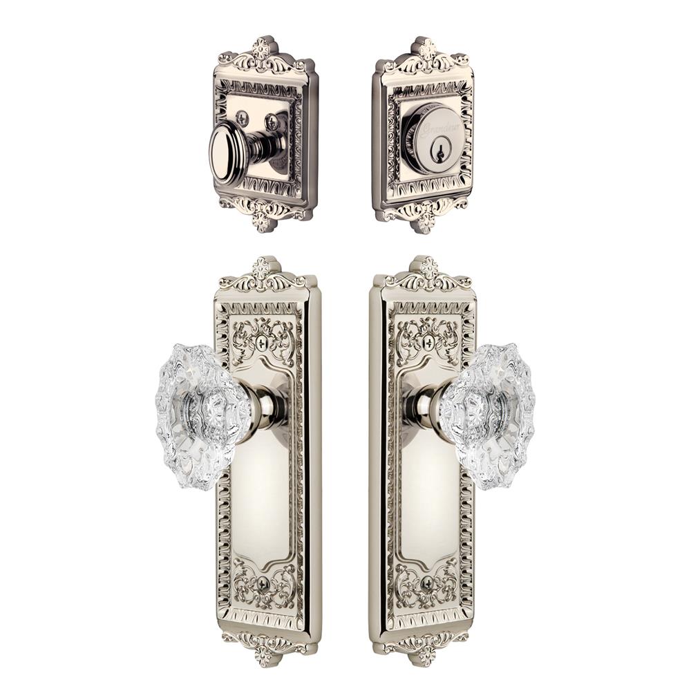 Grandeur by Nostalgic Warehouse WINBIA Windsor Plate with Biarritz Crystal Knob and matching Deadbolt in Polished Nickel