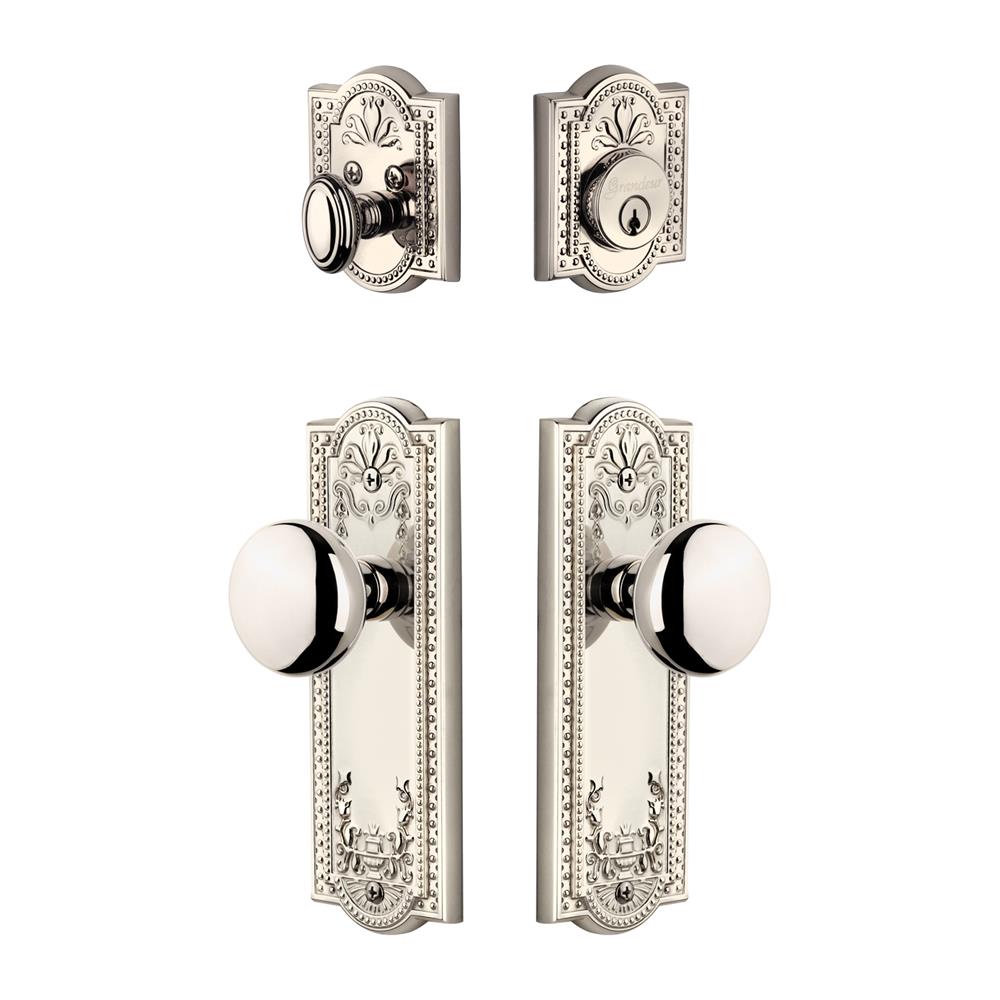 Grandeur by Nostalgic Warehouse PARFAV Parthenon Plate with Fifth Avenue Knob and matching Deadbolt in Polished Nickel