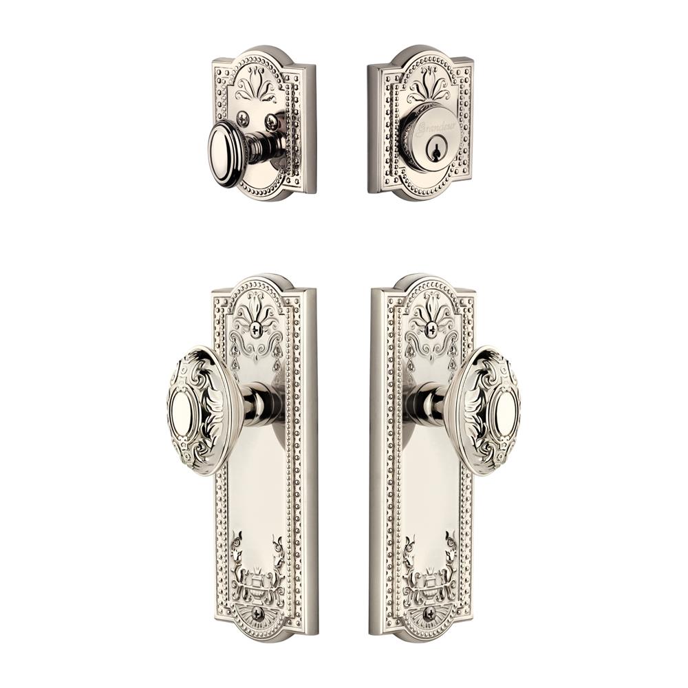 Grandeur by Nostalgic Warehouse PARGVC Parthenon Plate with Grande Victorian Knob and matching Deadbolt in Polished Nickel