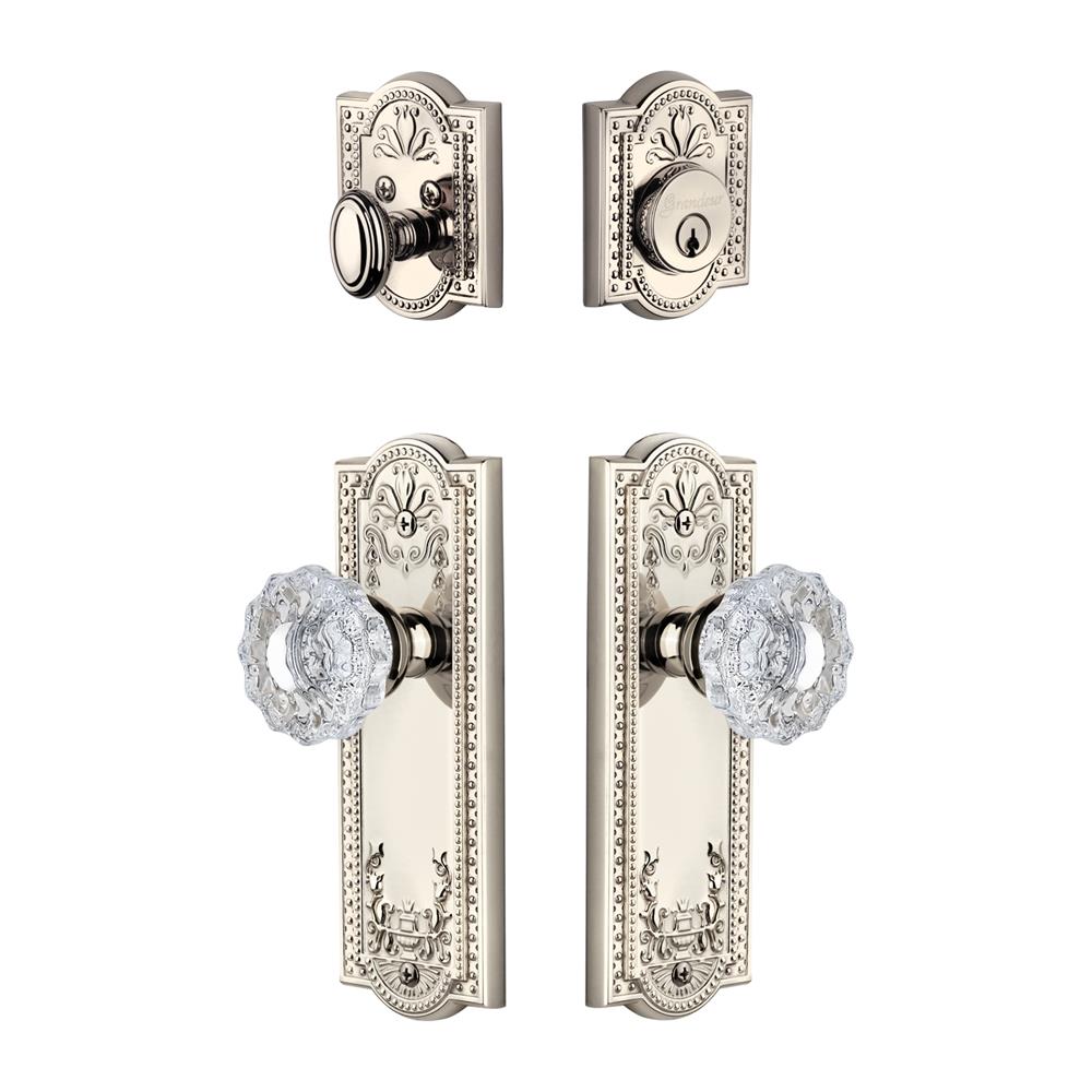 Grandeur by Nostalgic Warehouse PARVER Parthenon Plate with Versailles Crystal Knob and matching Deadbolt in Polished Nickel