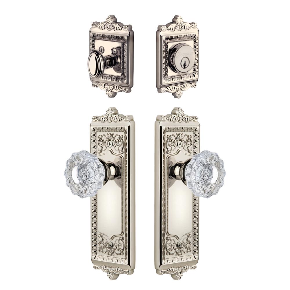 Grandeur by Nostalgic Warehouse WINVER Windsor Plate with Versailles Crystal Knob and matching Deadbolt in Polished Nickel