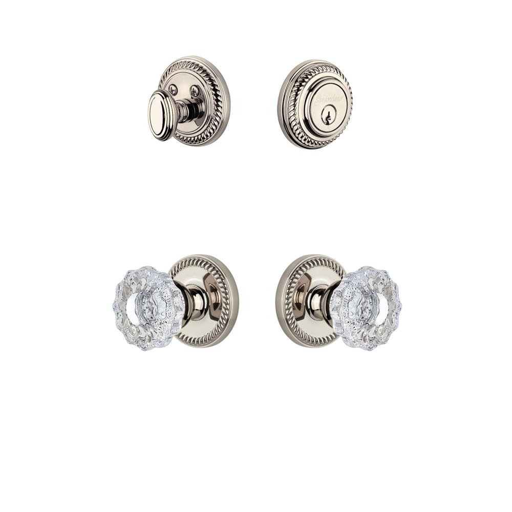 Grandeur by Nostalgic Warehouse NEWVER Newport Rosette with Versailles Crystal Knob and matching Deadbolt in Polished Nickel