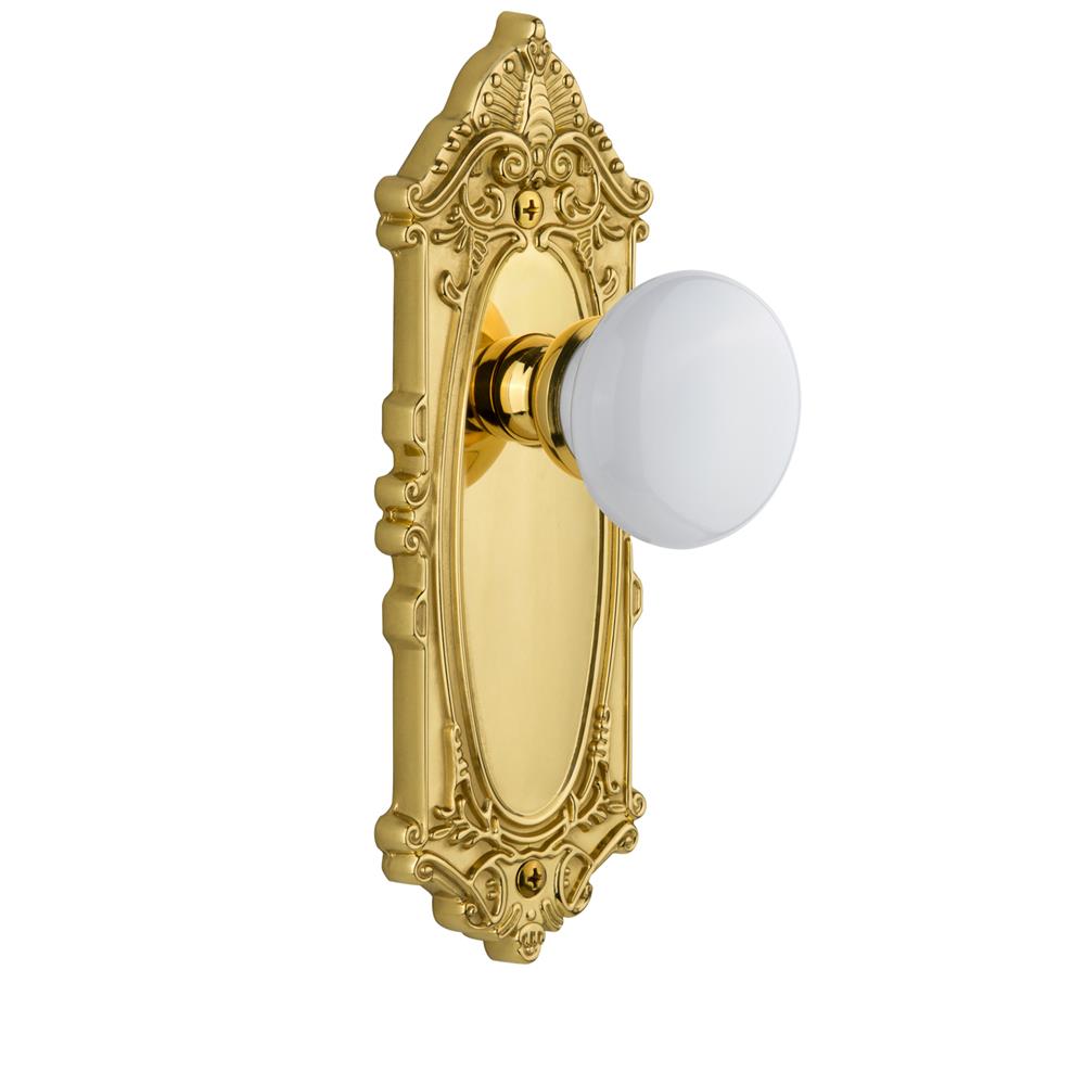 Grandeur by Nostalgic Warehouse GVCHYD Grandeur Grande Victorian Plate Passage with Hyde Park Knob in Polished Brass